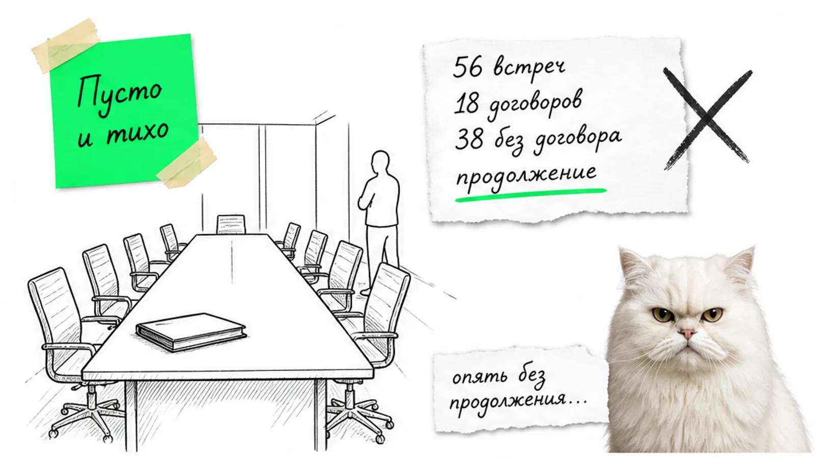 Пустая переговорная после форума с отчётом и одним силуэтом, рядом скептичный кот.