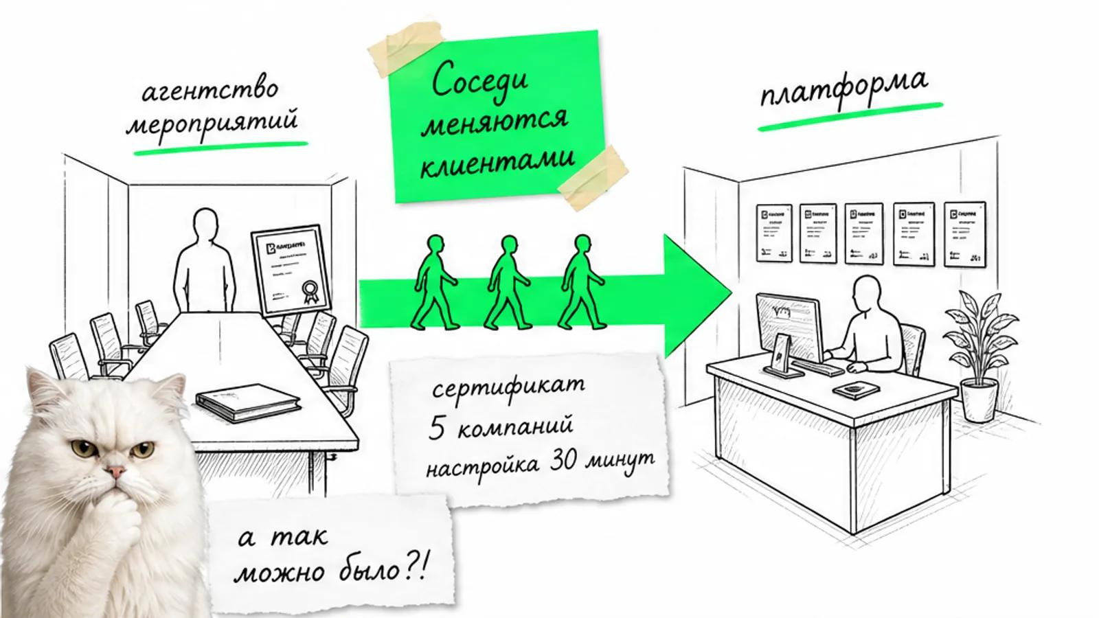 Агентство и платформа обмениваются сертификатом, а зелёная стрелка ведёт клиентов между ними.