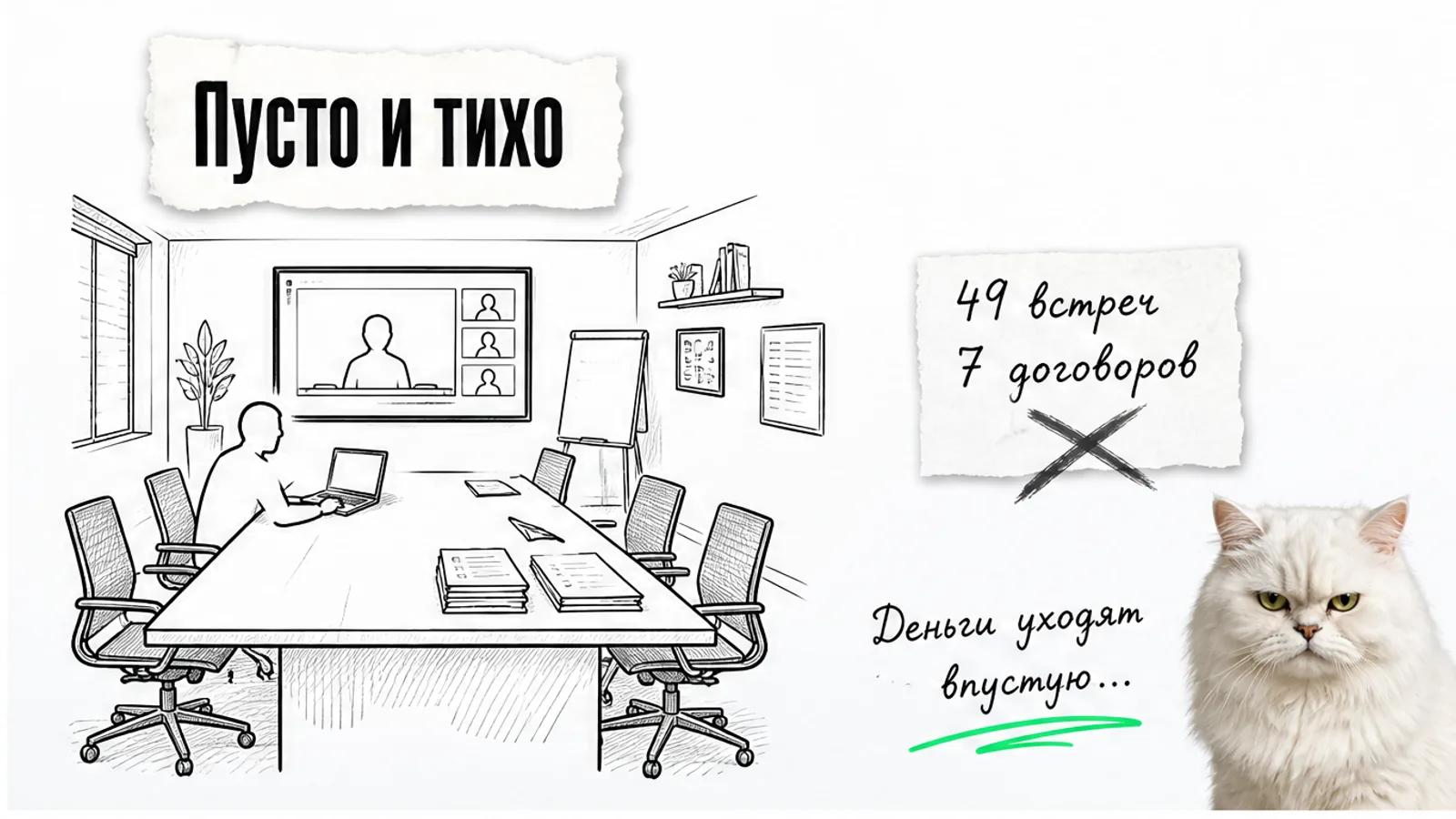 Пустая учебная аудитория со столом, ноутбуком и одним силуэтом руководителя, рядом скептичный кот.