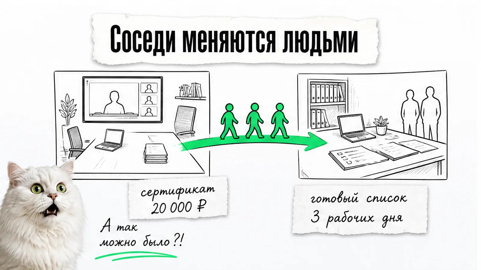 Онлайн-центр и компания по привлечению клиентов соединены стрелкой, между ними движутся силуэты руководителей.