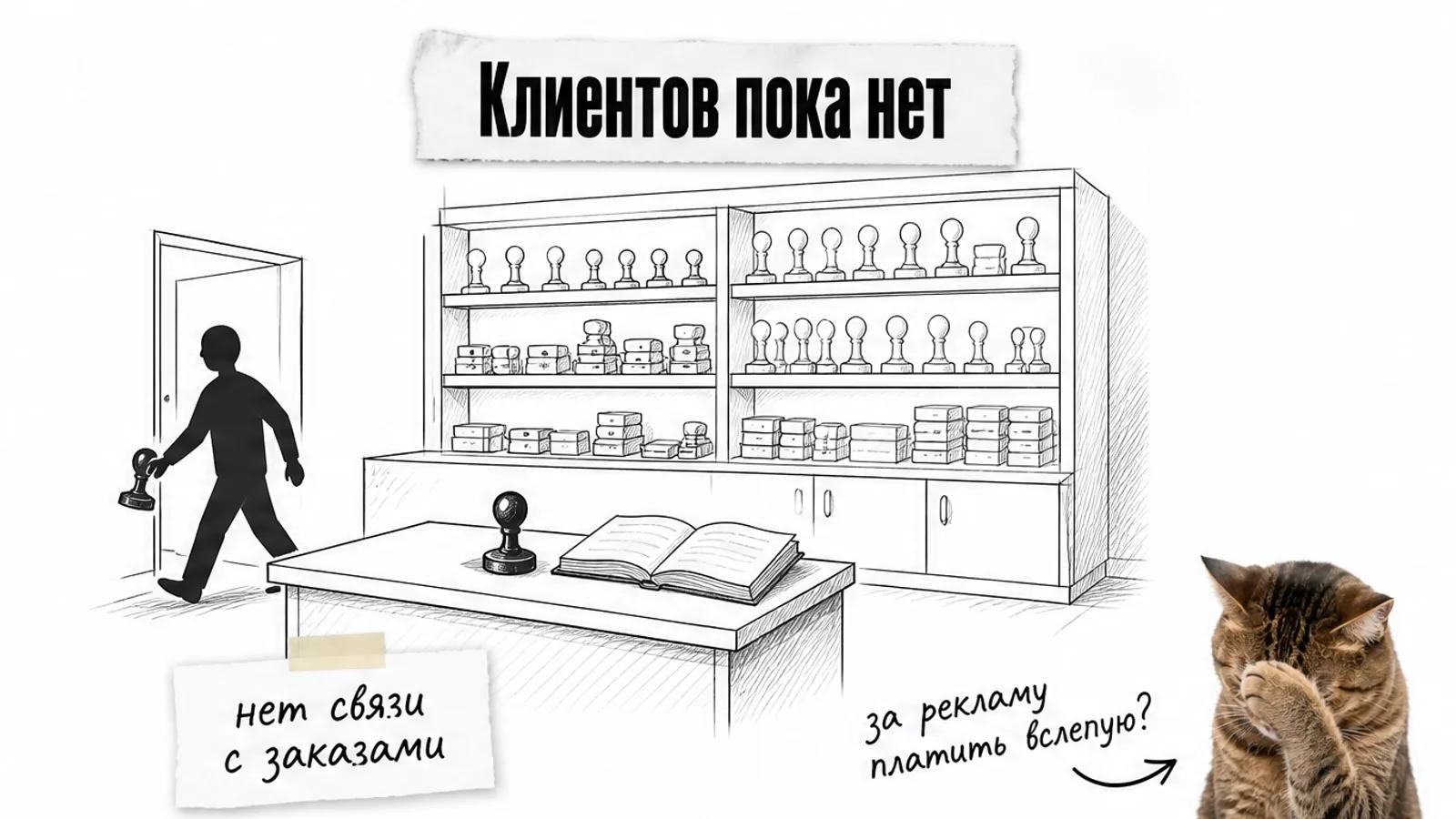 В пустой мастерской один клиент уходит с печатью, а кот прикрывает морду лапой.