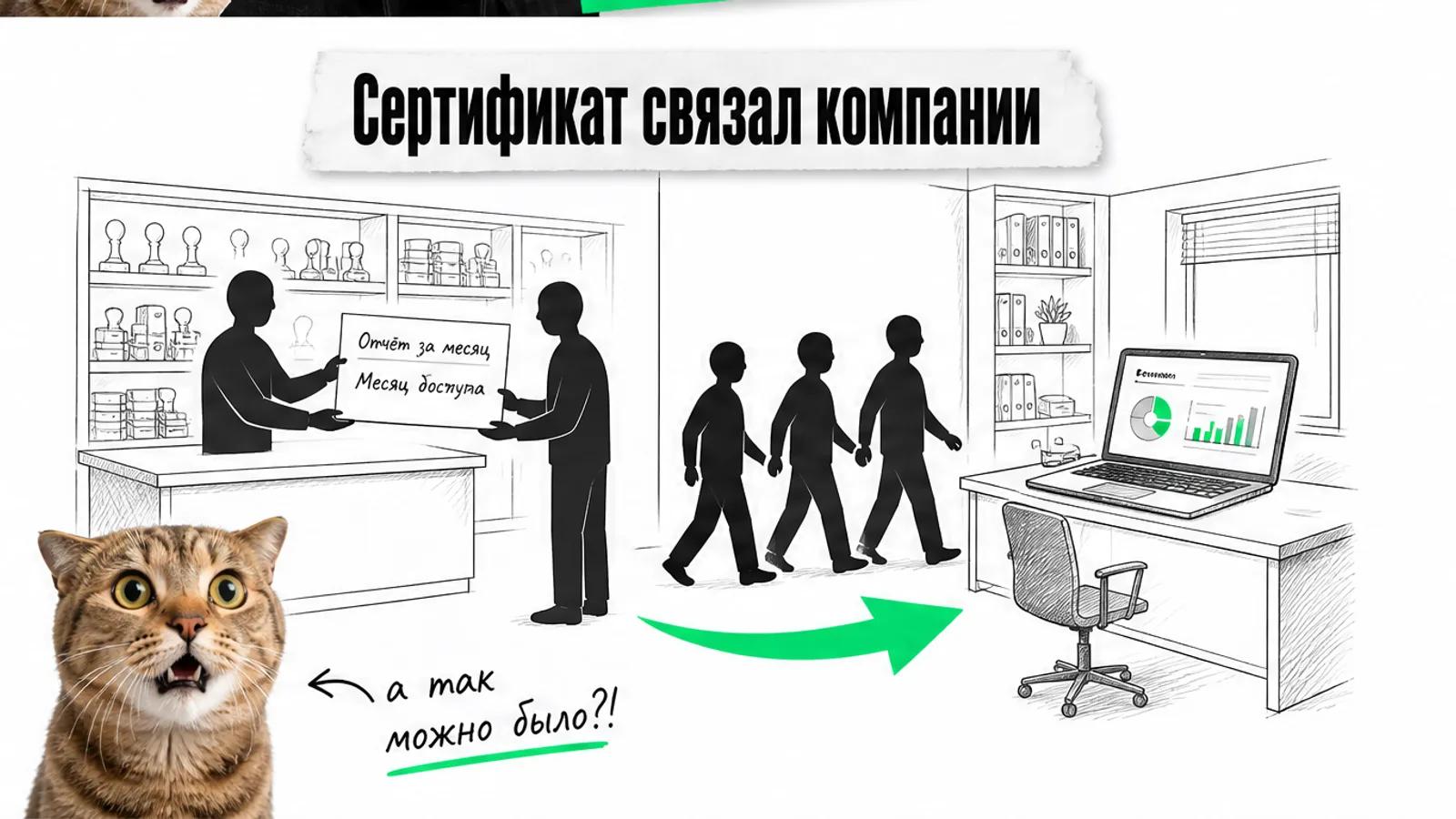 Менеджер мастерской передаёт сертификат, а клиенты движутся к сервису по зелёной стрелке; кот удивлён.