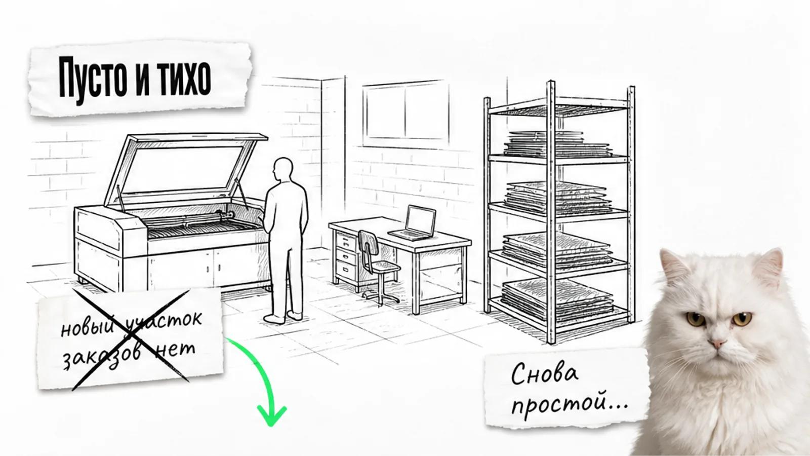 Пустой участок с лазерным станком, одним силуэтом владельца и котом со скептическим взглядом