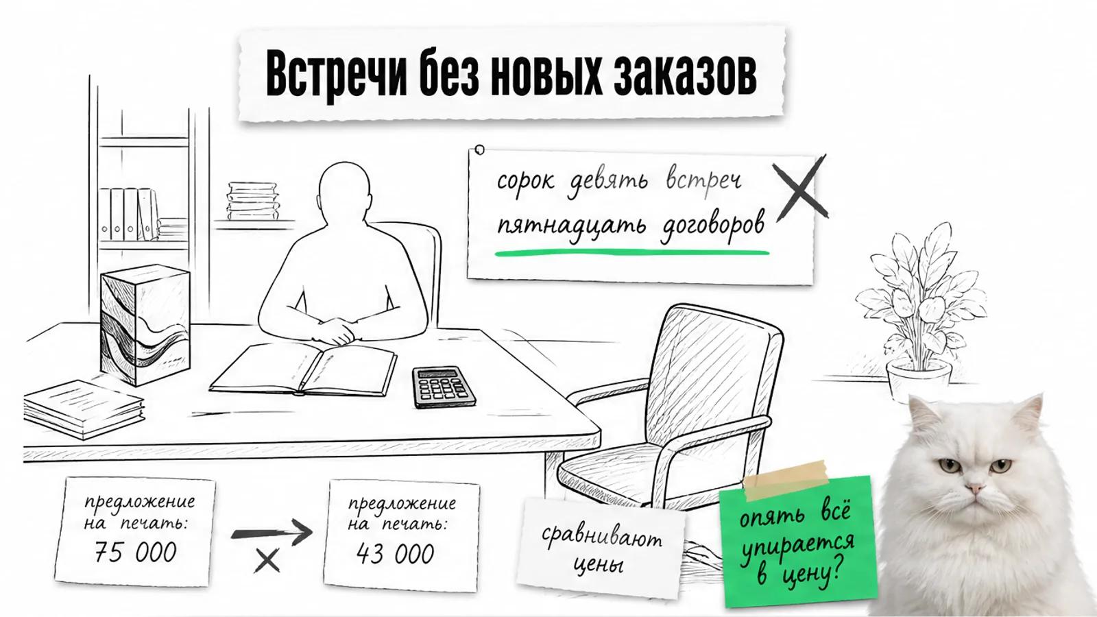 Менеджер типографии сидит за пустым столом с двумя ценовыми предложениями, рядом скептически смотрит белый кот.