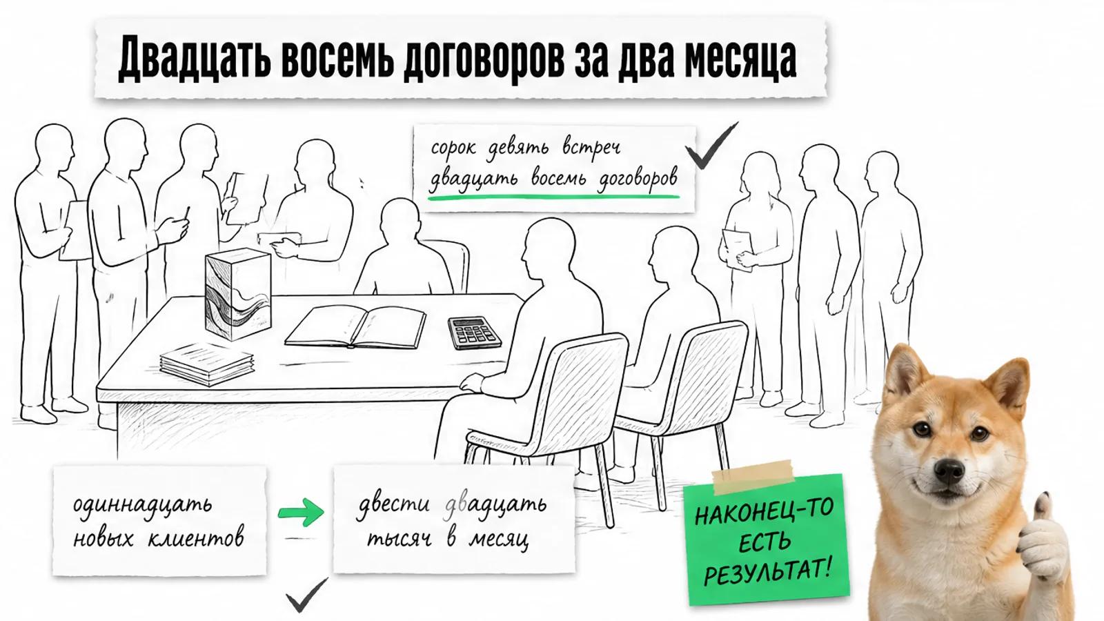 Тот же стол типографии заполнен клиентами, а на карточках указаны 28 договоров и 11 новых клиентов.