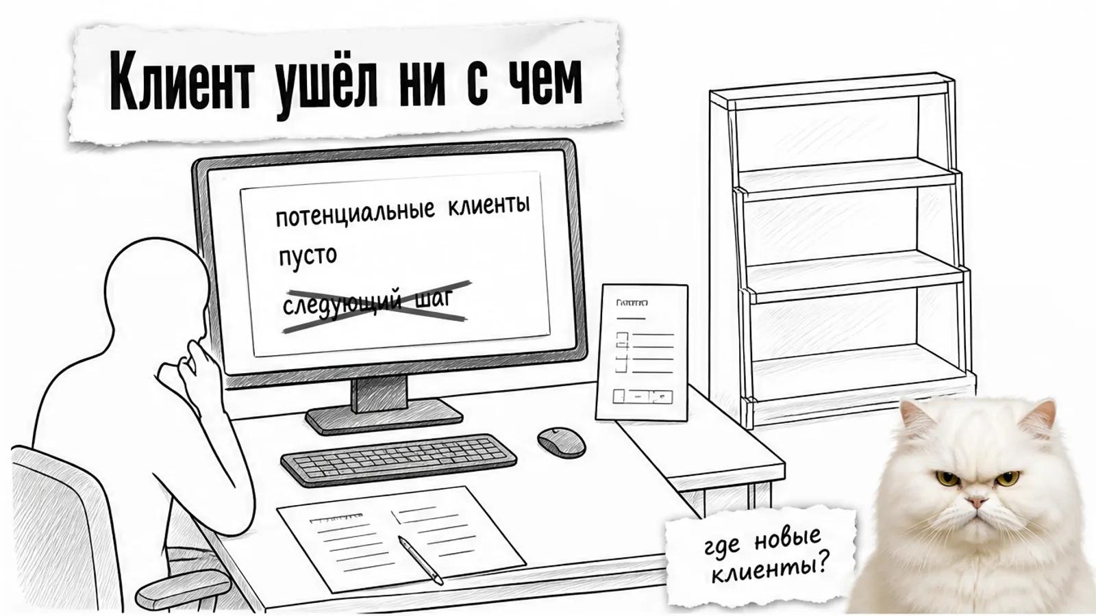 Пустой офис оператора ЭДО с одним силуэтом менеджера, пустой таблицей и скептичным котом.