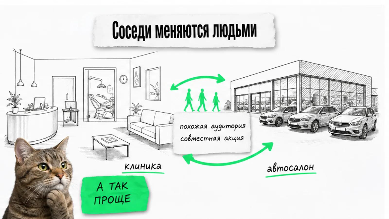 Клиника и автосалон соединены зелёной стрелкой, между ними идут люди, рядом задумчивый кот.