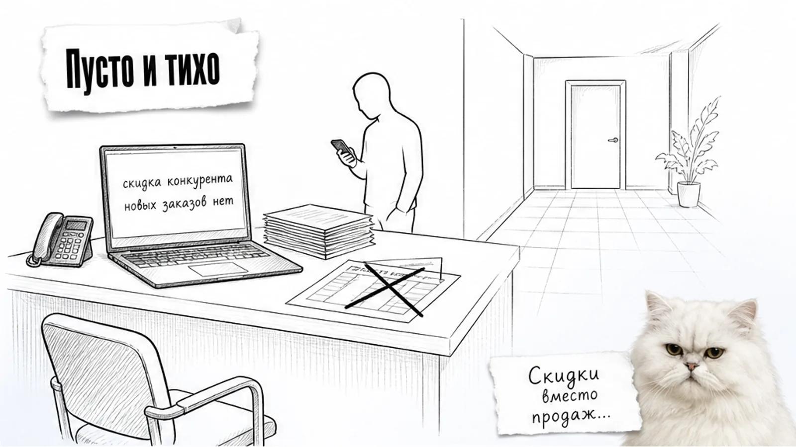 Пустое место менеджера с таблицей тарифов, одним силуэтом и скептичным котом.