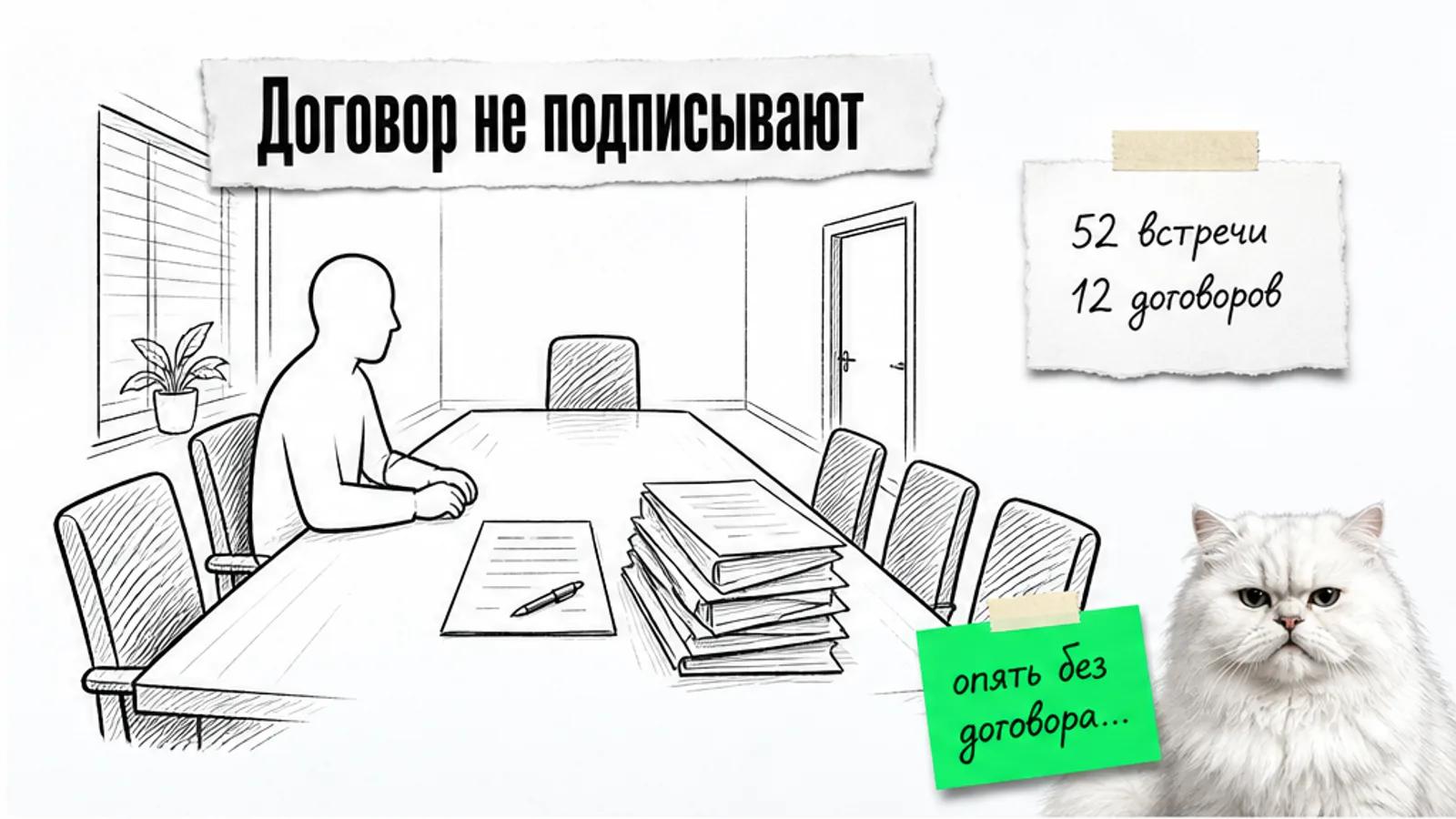 Пустая переговорная тендерного агентства, владелец поставщика и неподписанный договор.