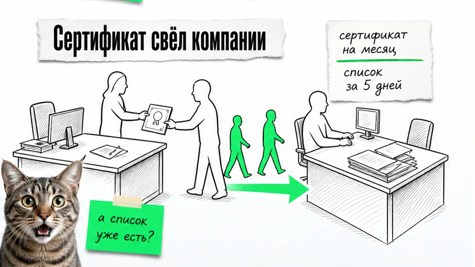 Сертификат соединяет тендерное агентство и компанию по поиску клиентов; между ними движутся люди.