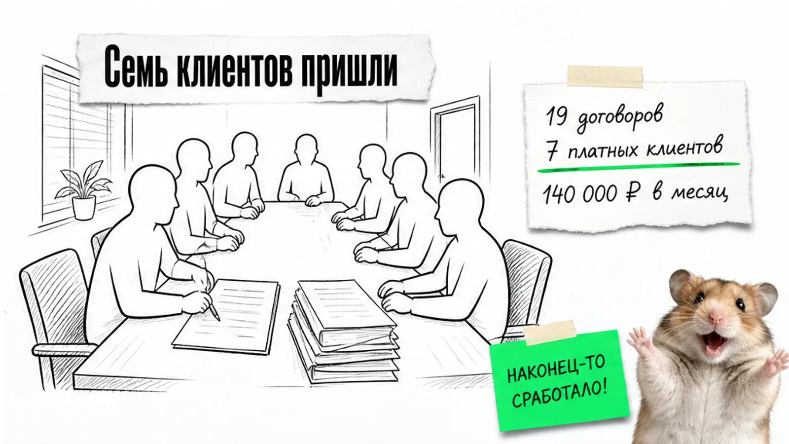 Та же переговорная заполнена людьми; карточка показывает 19 договоров и 7 платных клиентов.