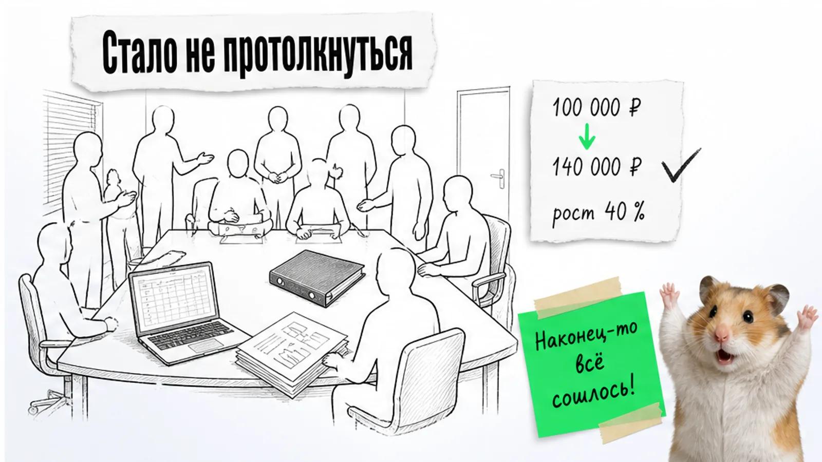 Та же переговорная заполнена людьми, рядом торжествующий хомяк и карточка с ростом ретейнера.