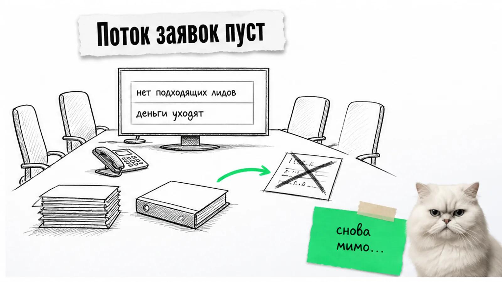 Пустой офис отдела продаж с пустыми креслами, списком неподходящих заявок и скептичным котом.