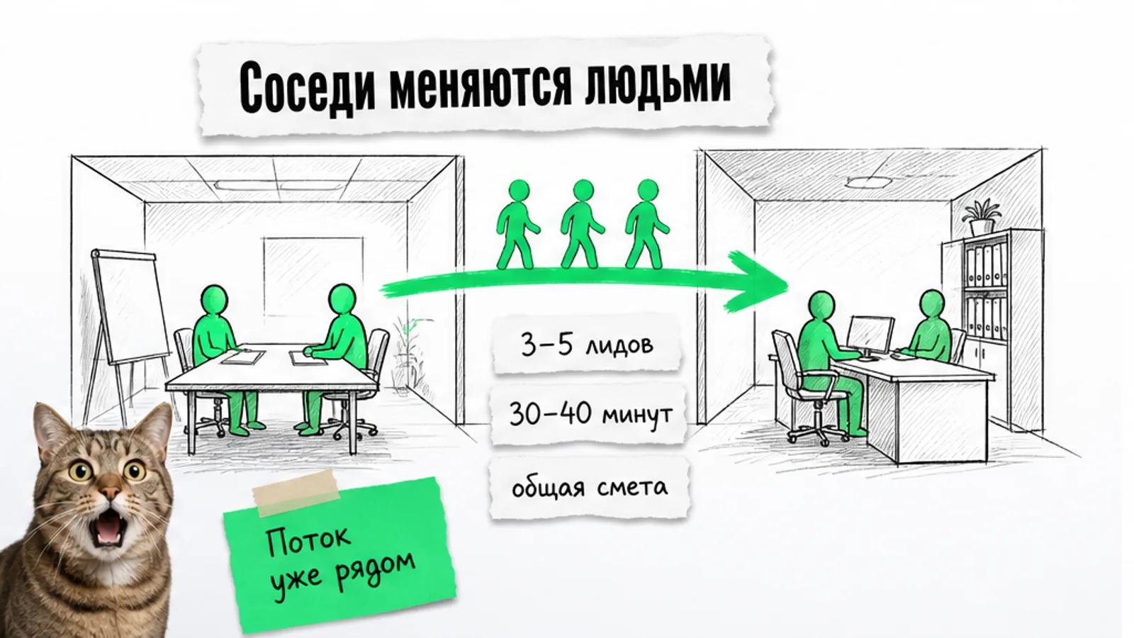 Два соседних бизнеса обмениваются потоком людей по зелёной стрелке, рядом удивлённый кот.