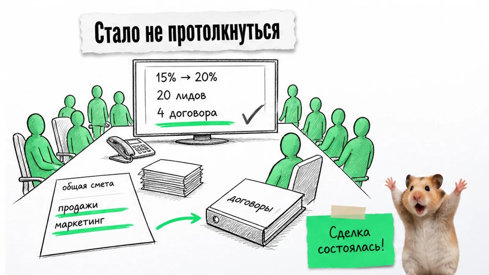 Тот же офис заполнен людьми, на карточке показаны 15%, 20%, 20 лидов и четыре договора, рядом хомяк.
