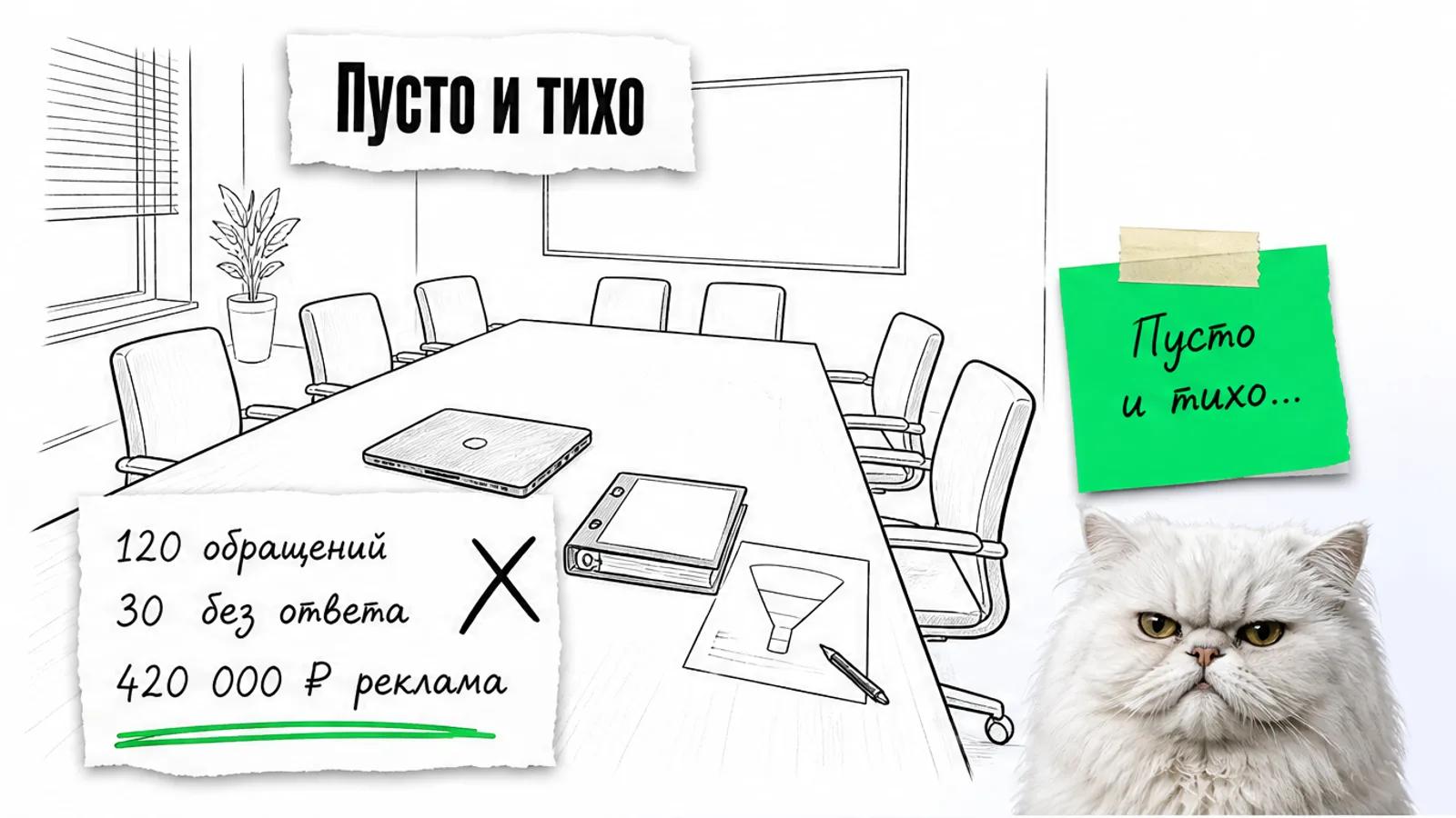 Пустая переговорная с ноутбуком и документами, рядом скептичный белый кот.