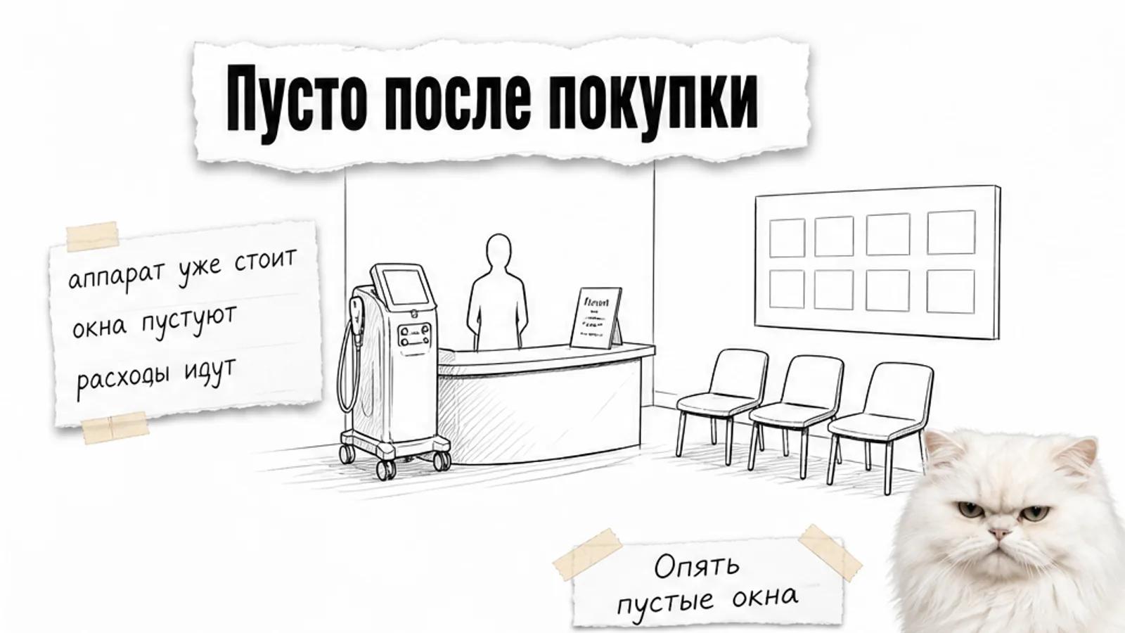 Пустая стойка клиники с аппаратом, одним силуэтом сотрудника и скептичным котом.