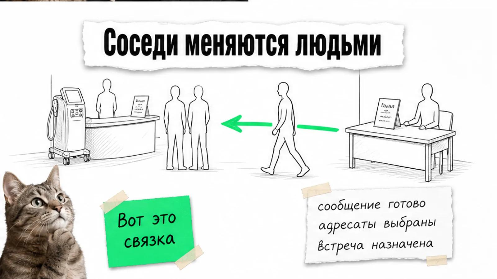 Клиника и поставщик обмениваются потоком людей по ярко-зелёной стрелке, рядом задумчивый кот.