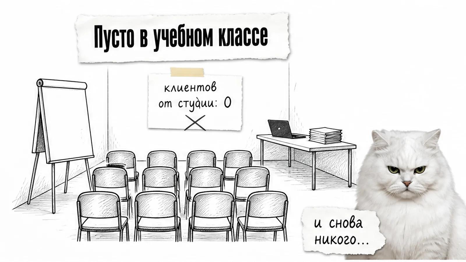 Пустой учебный класс с флипчартом и рядами стульев, рядом белый пушистый кот с насупленными бровями