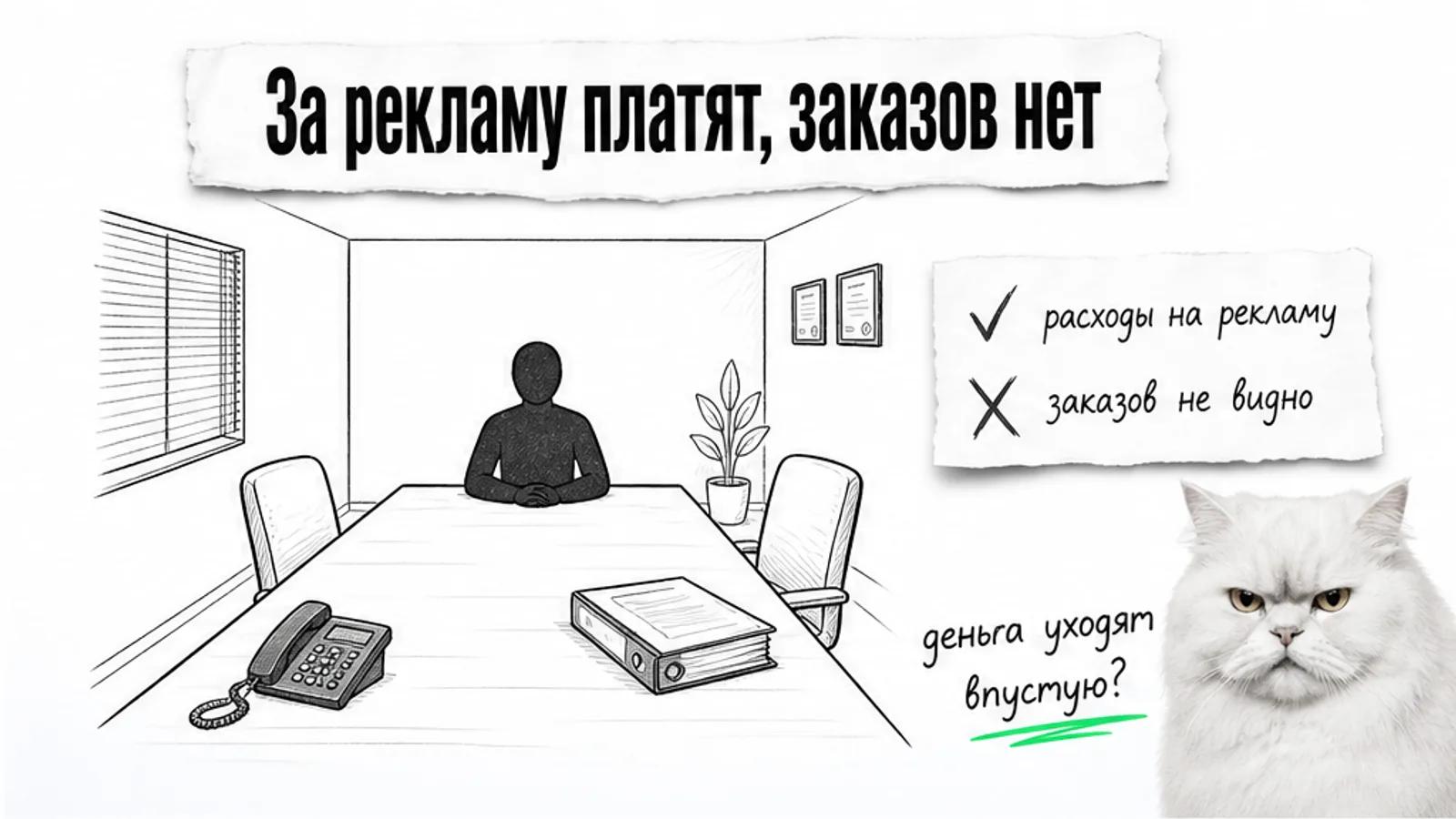 В переговорной рекламного агентства один владелец сидит за столом среди пустых стульев и счетов.