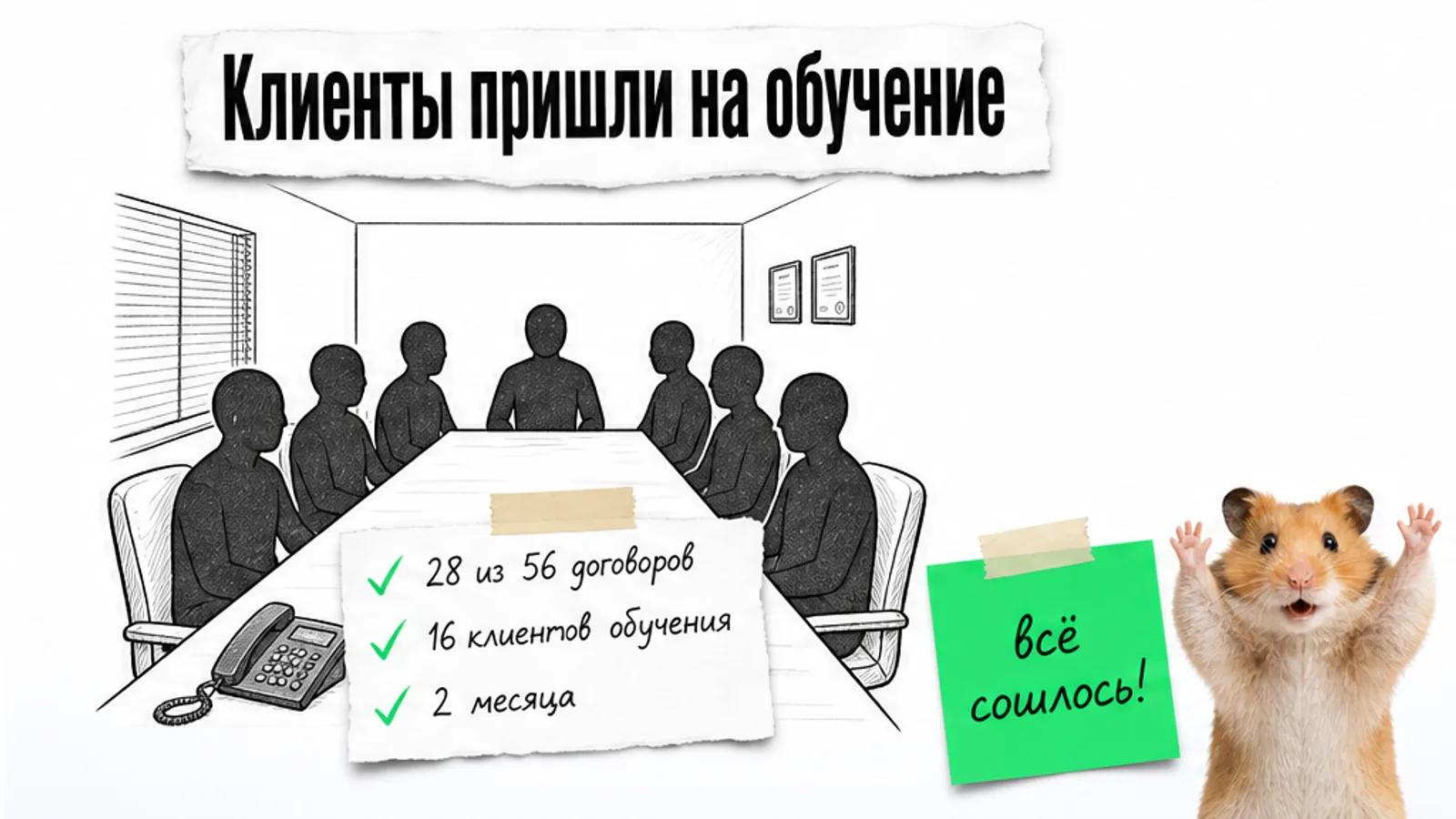 Та же переговорная заполнена владельцами; карточки показывают 28 сохранённых договоров и 16 клиентов обучения.