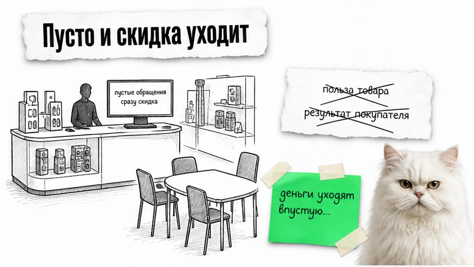 Пустая дилерская точка с товаром, одним менеджером и котом со скептическим взглядом