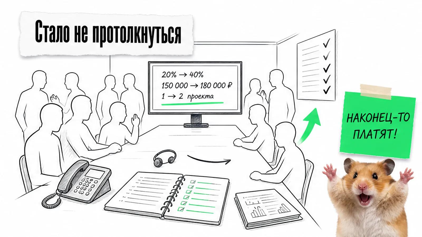 Та же переговорная заполнена людьми, а карточка показывает рост оплат с 20 до 40 процентов.