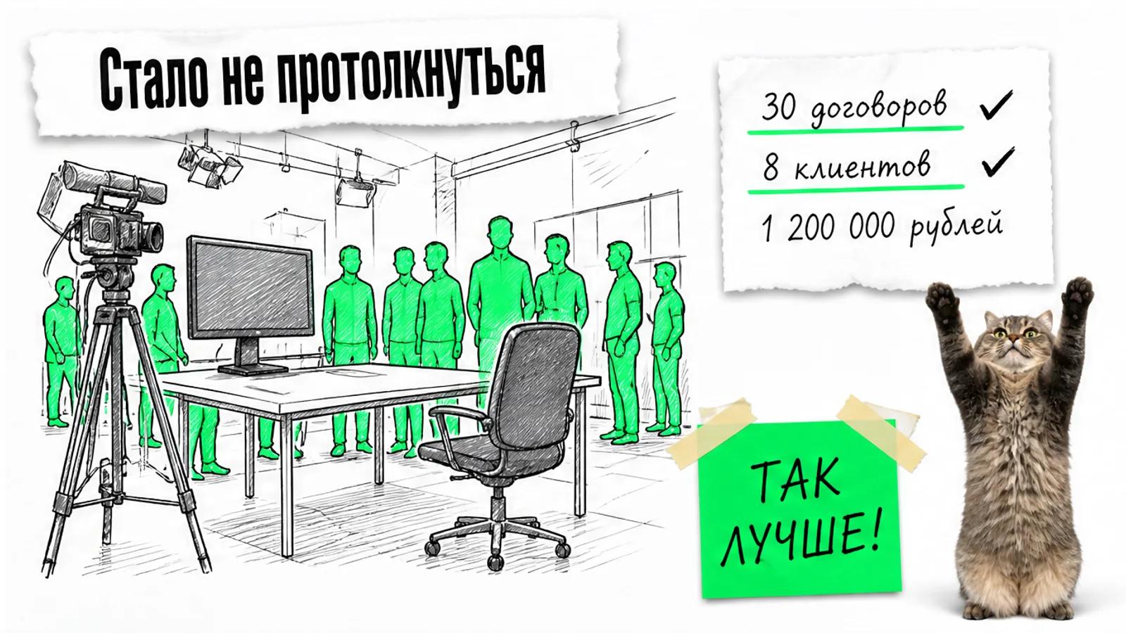 Та же студия заполнена людьми, рядом торжествующий кот и карточка с результатами 30 и 8.