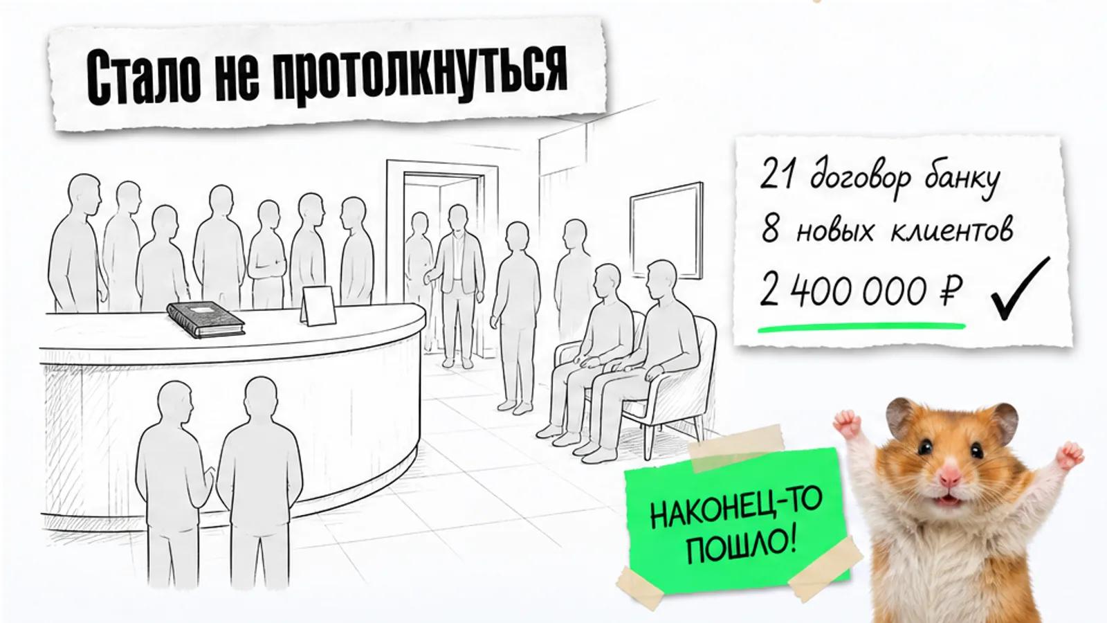 Та же стойка клиники заполнена людьми, рядом показаны результаты 21 договор, 8 клиентов и 2,4 миллиона рублей.