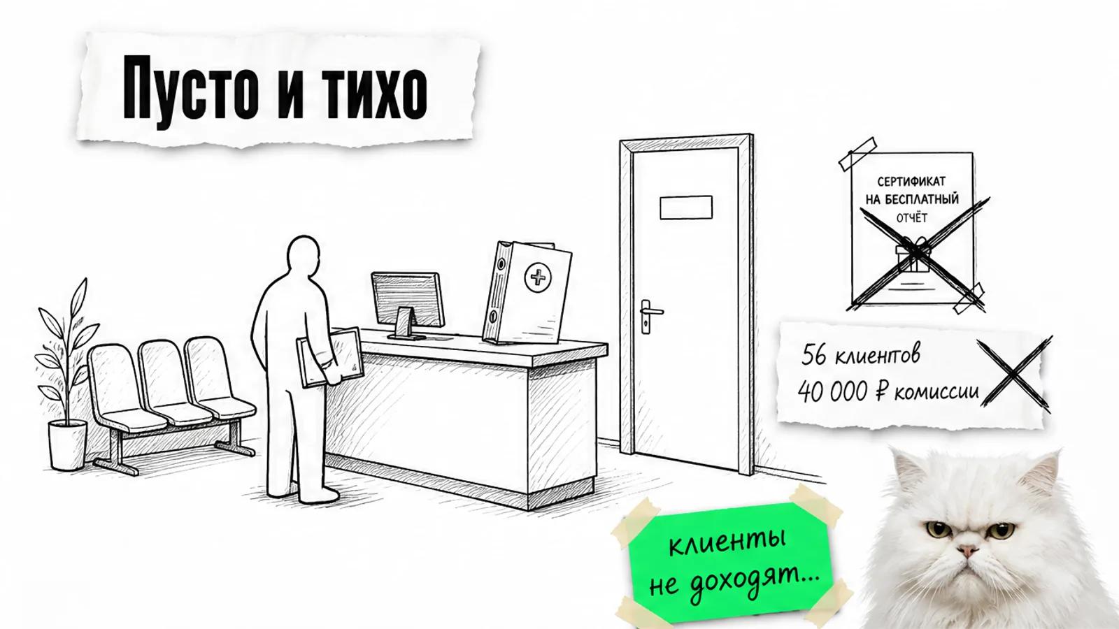 Пустая стойка центра с папкой заключений и одним силуэтом, рядом скептичный кот.
