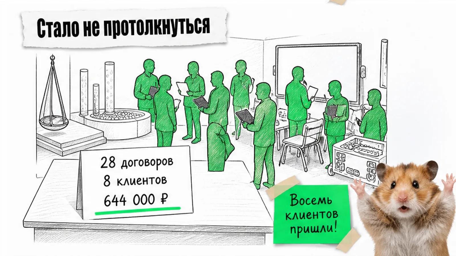 Та же сенсорная комната заполнена людьми, рядом отчёт с результатами и торжествующий хомяк.