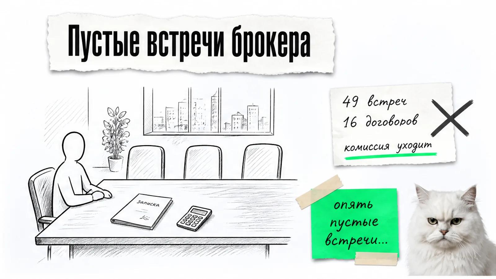 Пустая переговорная брокера с одним силуэтом, документами и перечёркнутыми расходами.