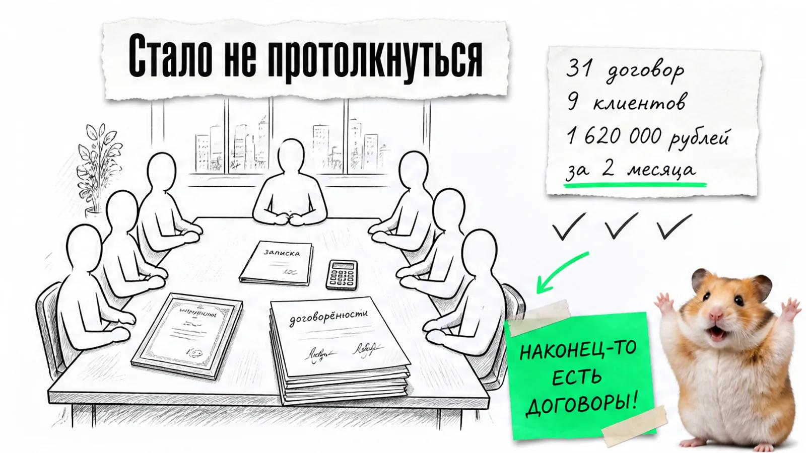 Та же переговорная брокера заполнена людьми, рядом записка, сертификат и карточка с результатами.