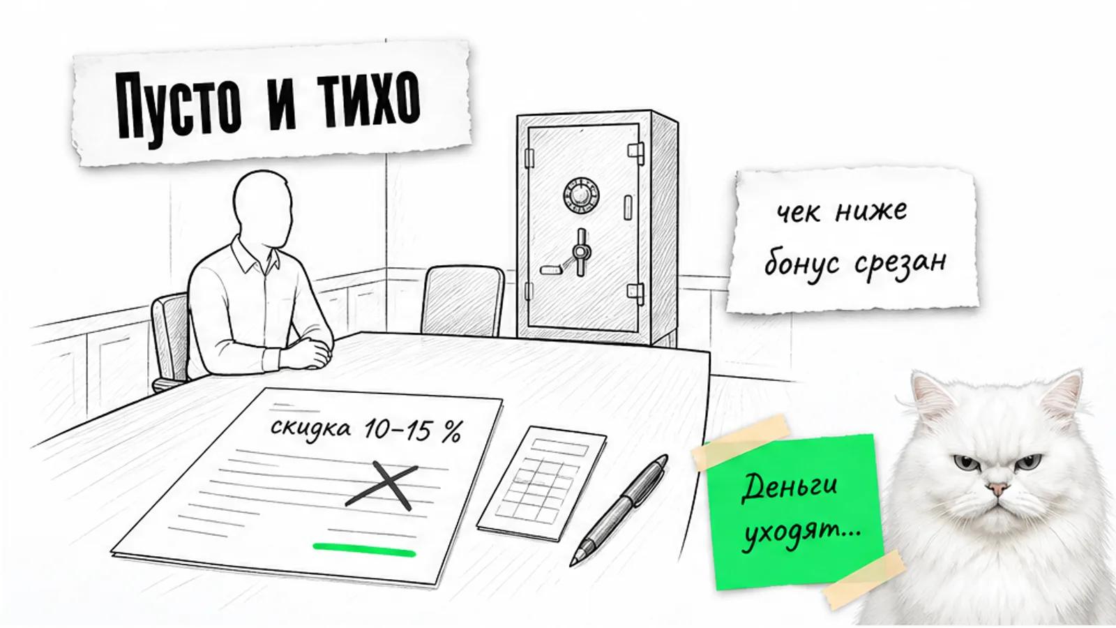Рисунок переговорной: продавец один за пустым столом, на бланке зачёркнута строка «скидка 10-15 %», рядом сейф и калькулятор, на записке «чек ниже, бонус срезан»