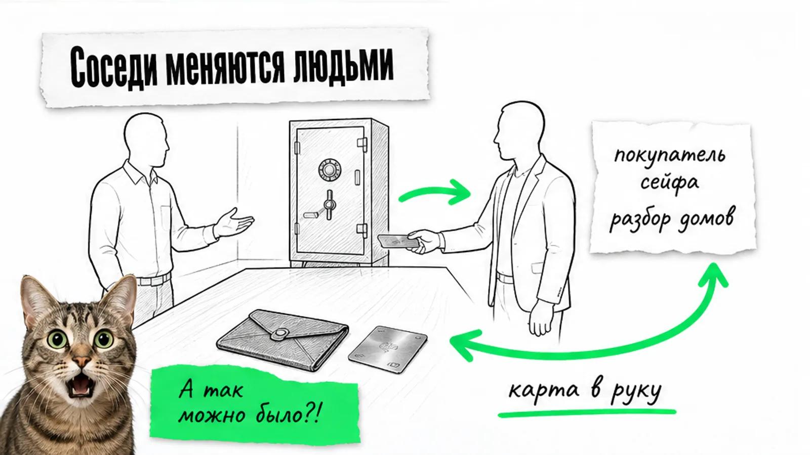 Рисунок обмена: продавец сейфов передаёт покупателю металлическую карту, зелёные стрелки идут к записке «покупатель сейфа — разбор домов» и обратно с подписью «карта в руку»