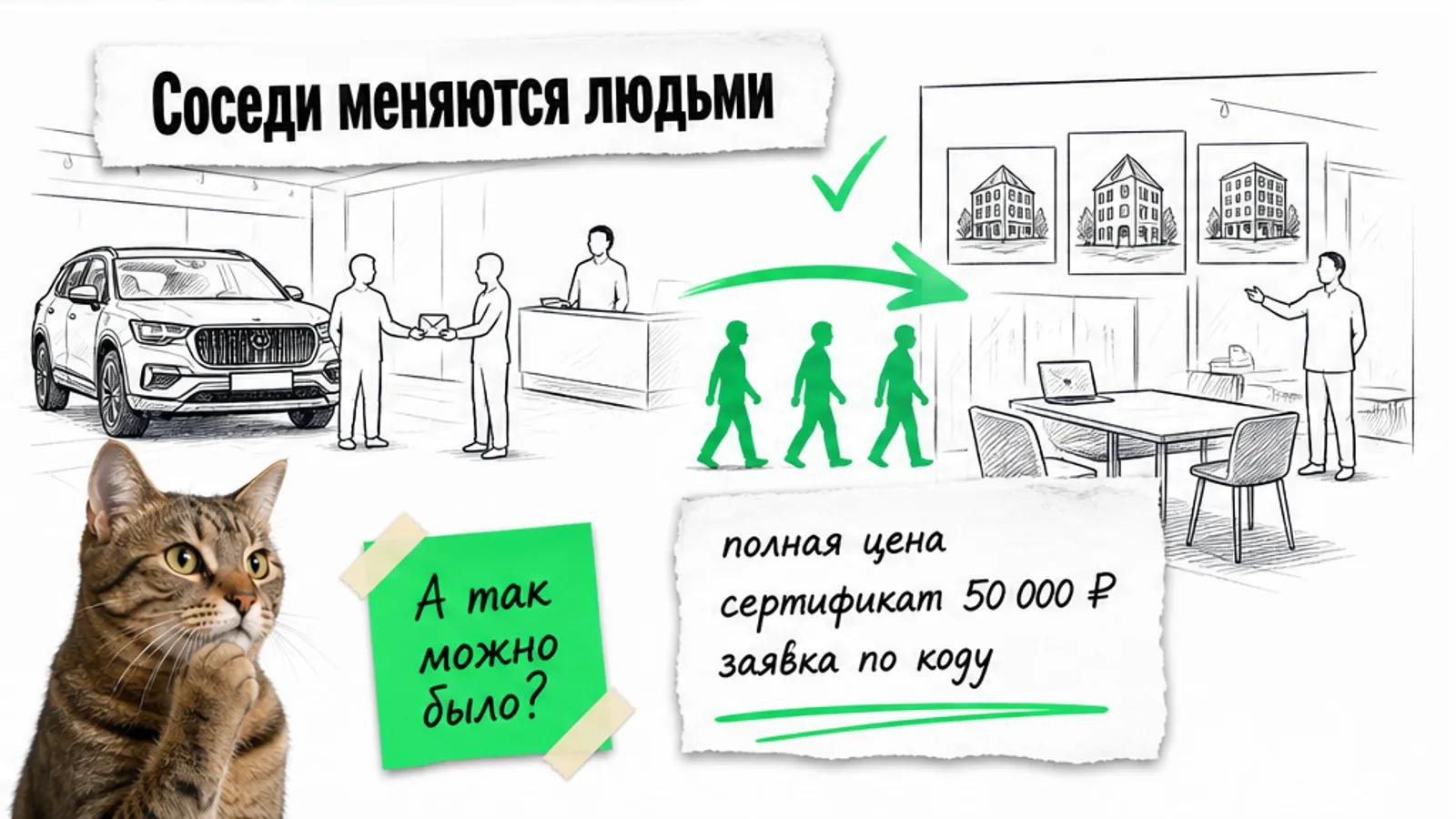 Автосалон и офис брокера соединены зелёной стрелкой, четыре силуэта движутся к заявке.