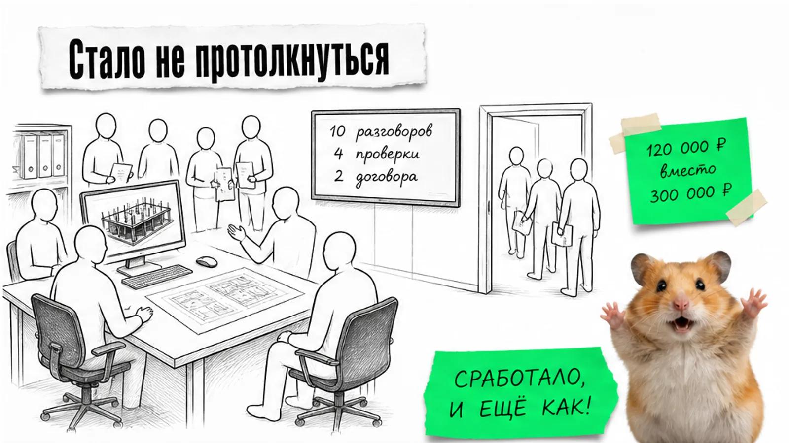 Коммерческий директор бюро с листом, где выписаны две строки затрат: на бесплатные концепции и на десять разговоров с техзаказчиками