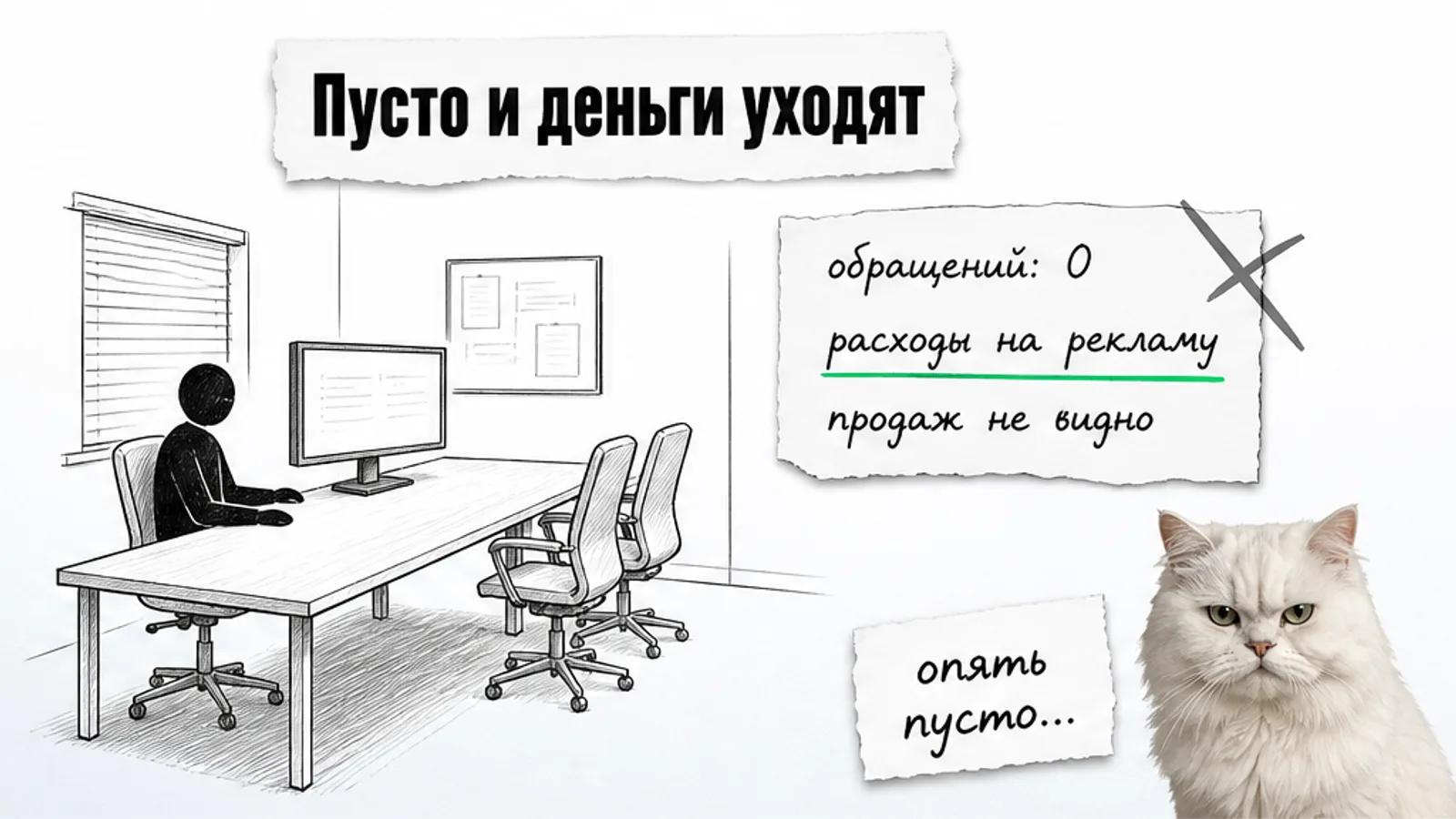 Пустой офис агентства с одним силуэтом менеджера и расходами на рекламу.