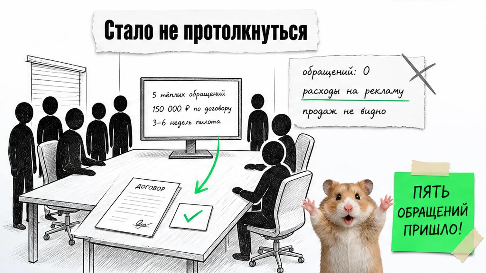 Тот же офис заполнен клиентами, рядом показаны десять аудитов и рост среднего чека.