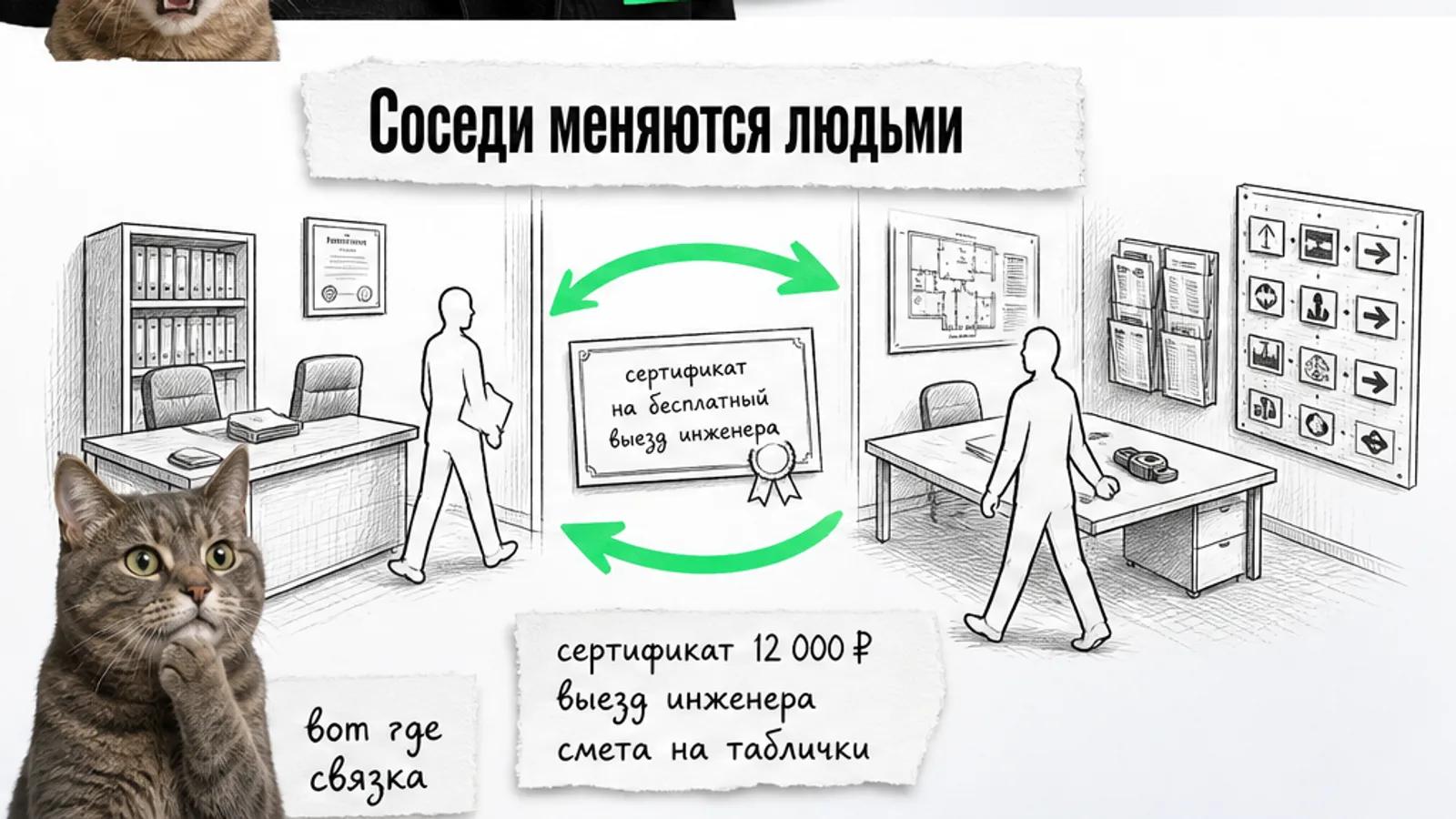 Инженер с рулеткой и планом этажа стоит в пустом помещении, на плане отмечены двери кабинетов