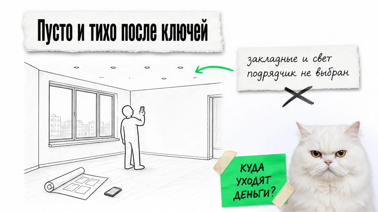 Пустая квартира с голым потолком и телефоном на полу, рядом скептичный кот