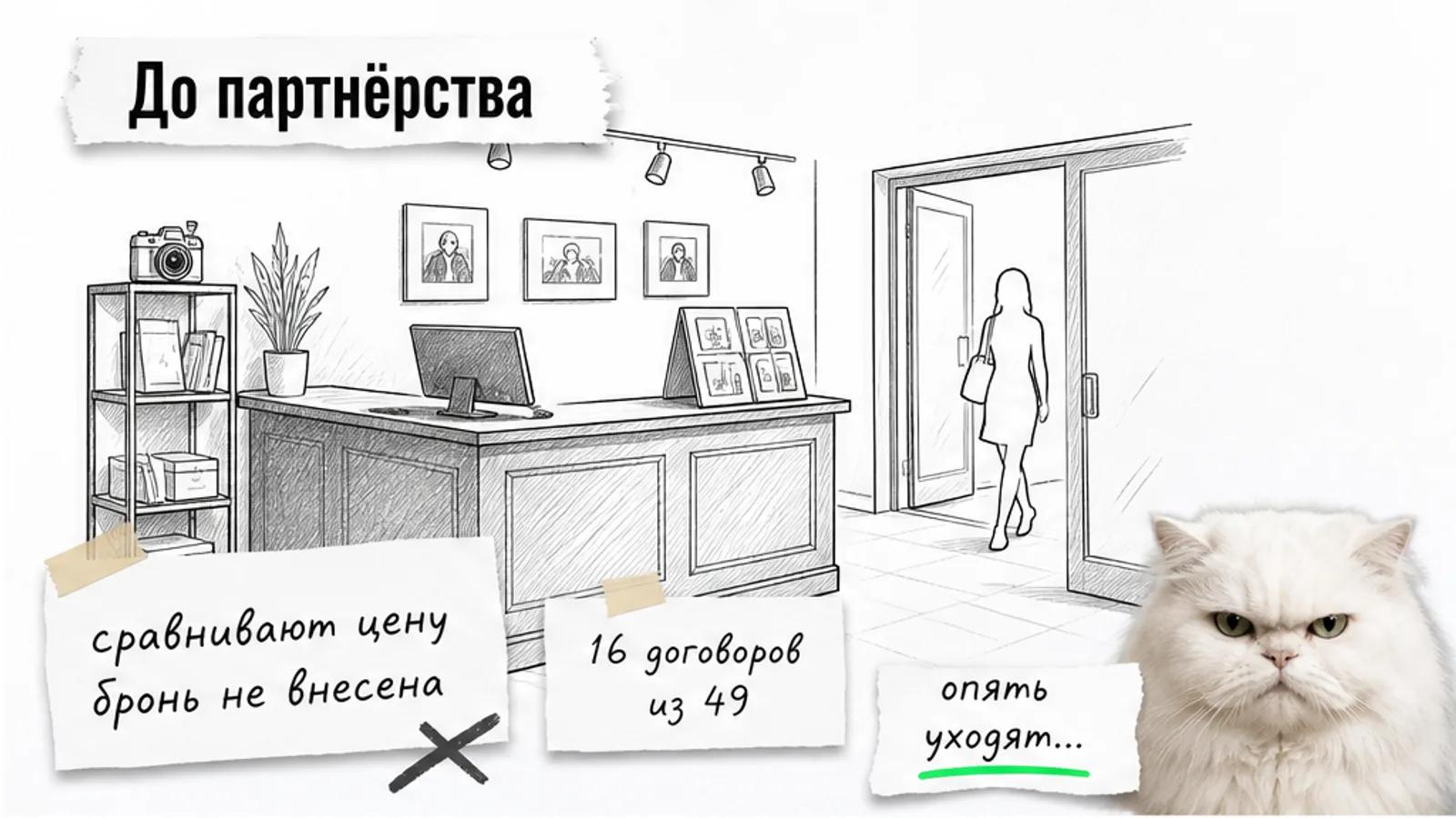 В фотостудии почти нет клиентов, администратор ждёт у стойки, рядом скептический кот.