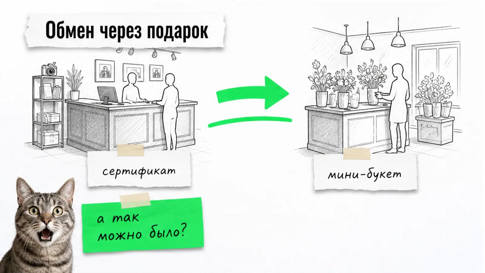 Фотостудия передаёт клиентов цветочному салону через сертификат, рядом удивлённый кот.