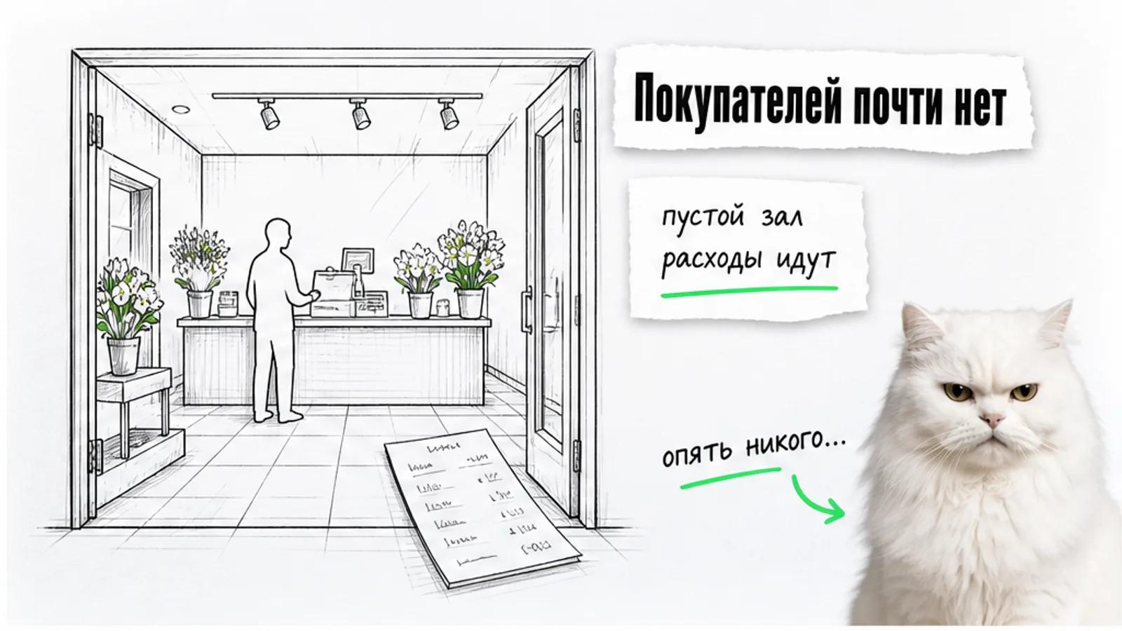 Почти пустой цветочный салон с одним посетителем и квитанцией расходов; белый кот смотрит скептически.