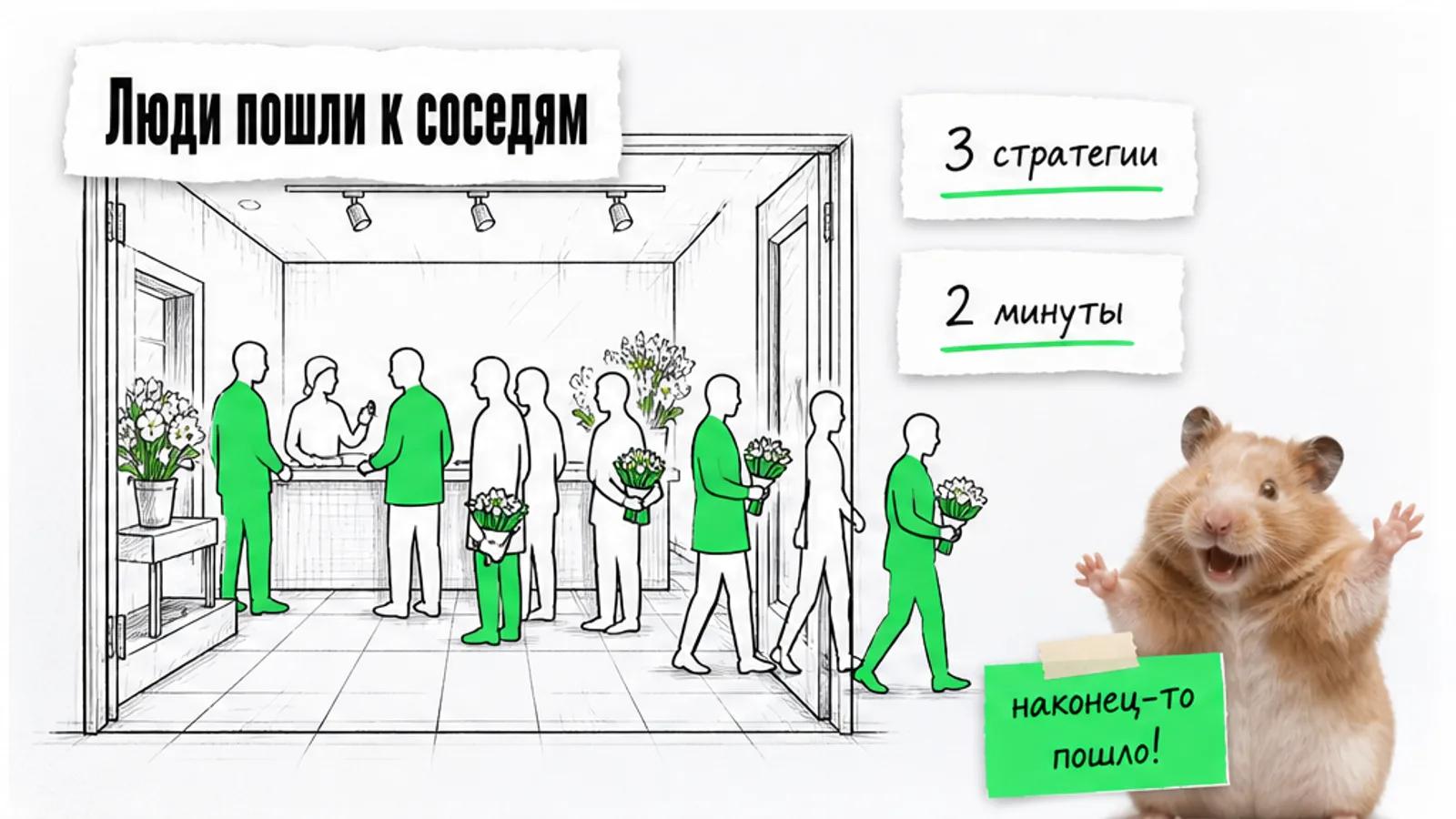 Тот же цветочный салон полон покупателей; карточки показывают три стратегии и две минуты, хомяк торжествует.