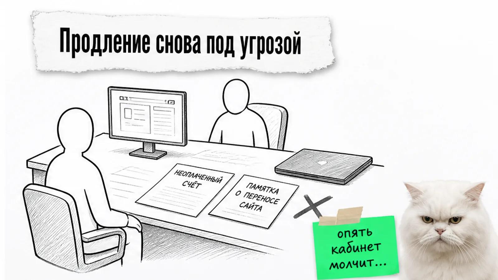 У пустой стойки поддержки владелец магазина ждёт помощи с рекламным кабинетом, рядом недовольный кот.