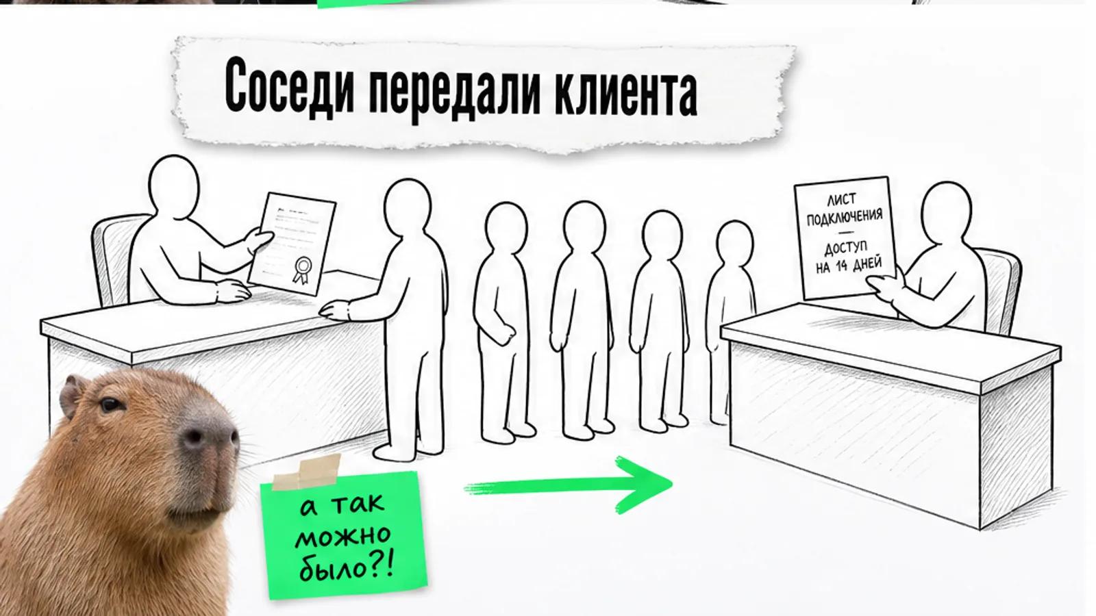 Клиенты идут от стойки хостинга к специалисту по доступу по зелёной стрелке; рядом невозмутимая капибара.