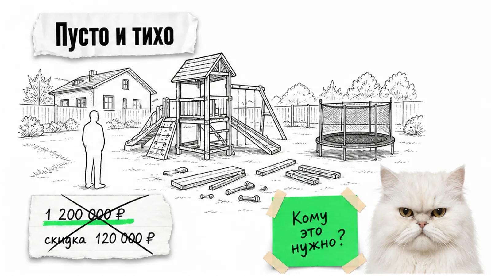 Пустой двор с детской площадкой, сметой и одним менеджером без клиентов, рядом нахмуренный кот.