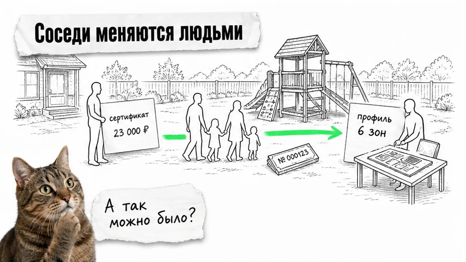 Производитель передаёт семьям сертификаты, зелёная стрелка ведёт в сад, рядом задумчивый кот.