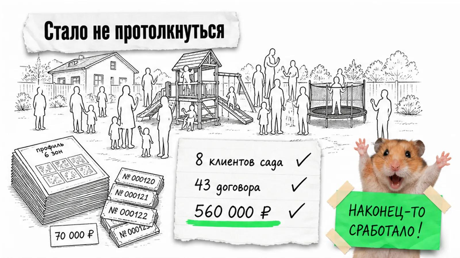 Тот же двор полон семей; рядом карточки с 8 клиентами, 43 договорами и торжествующий хомяк.